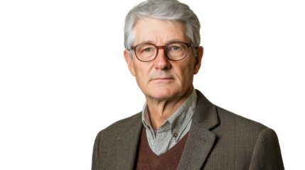 Distinguished male professor with glasses, neatly styled gray hair, wearing a tweed blazer, intellectual expression, isolated PNG