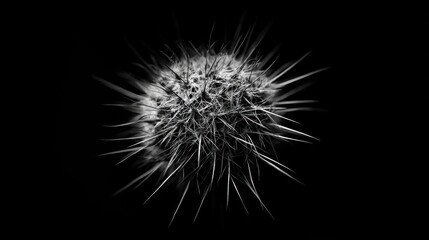 Fototapeta premium Monochrome Close Up of an Exotic Spiky Plant Emitting a Sharp Edged Aura on Black Backdrop