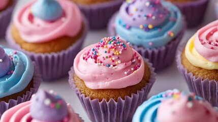 Pastel Cupcake Assortment: Delightful homemade cupcakes with colorful frosting and festive sprinkles.