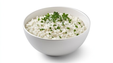 Creamy risotto in bowl, garnished with parsley, white background, food photography, recipe illustration