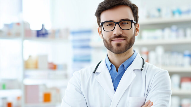 Pharmacist in a white lab coat, stylish glasses, exuding knowledge and trustworthiness
