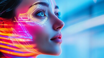 Futuristic Portrait of Woman with Neon Light Patterns on Face