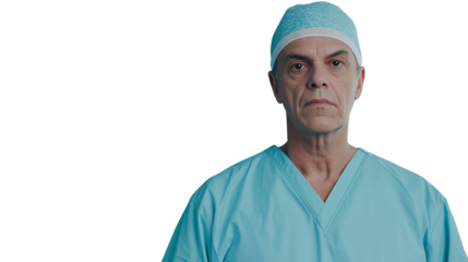 Experienced male surgeon in a light blue scrub uniform, wearing a protective cap, serious and focused look, isolated PNG
