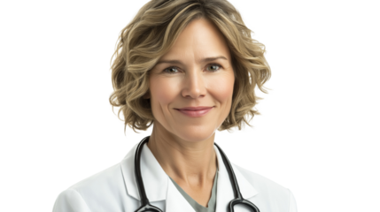 Portrait of a smiling female doctor, short wavy blonde hair, wearing a white lab coat with a stethoscope, looking directly at the camera, transparent background