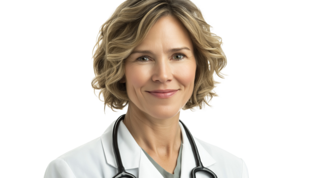 Portrait of a smiling female doctor, short wavy blonde hair, wearing a white lab coat with a stethoscope, looking directly at the camera, transparent background