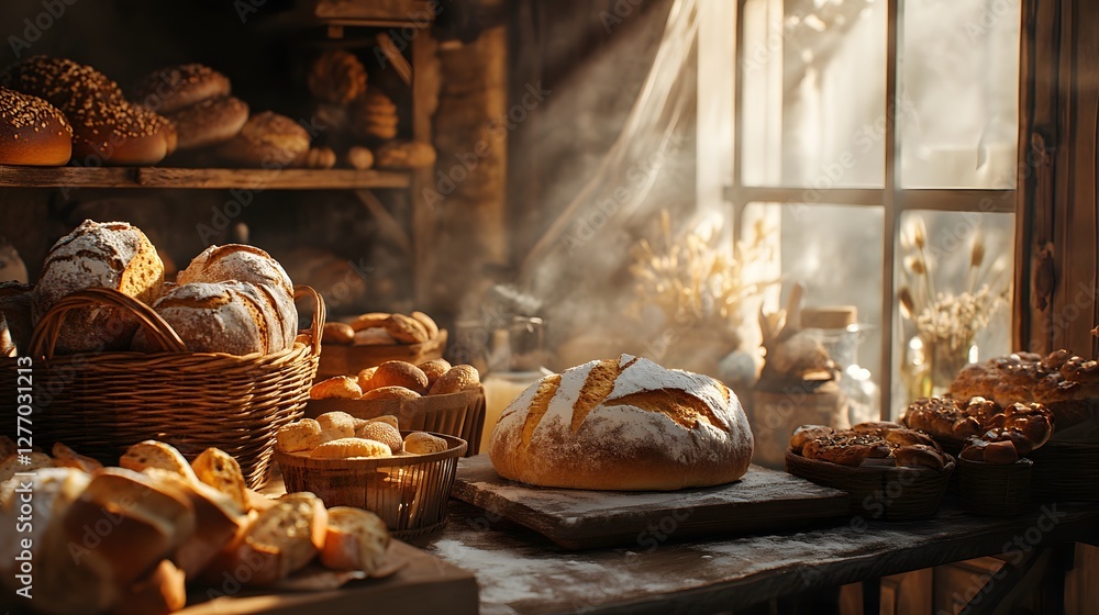 Poster rustic bakery display: an array of artisan breads bathed in soft, warm light, evoking a sense of com