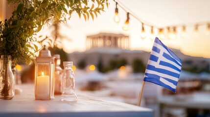 Romantic sunset dinner setting with a Greek flag and ancient ruins in the background. Concept for Greece Independence Day