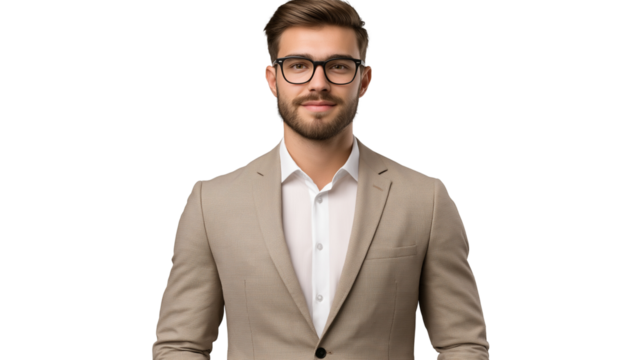 Young entrepreneur in a modern beige suit, exuding confidence, direct eye contact, subtle smile, isolated on transparent background