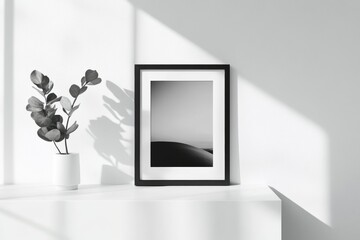 A sleek modern frame showcases black and white artwork on a clean white table, complemented by a potted plant. Soft natural light creates a tranquil atmosphere