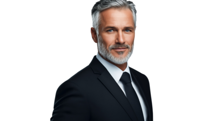 Senior executive with silver hair, sharp blue eyes, well-groomed beard, wearing a classic black suit and tie, poised and professional, isolated PNG