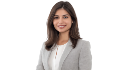 Elegant businesswoman with shoulder-length dark hair, wearing a light gray blazer over a white blouse, friendly and approachable, isolated PNG