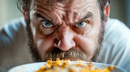Angry man showing teeth to hamburger. Unhealthy and fast food concept.