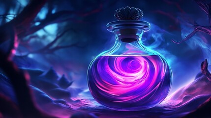 Glowing potion bottle in dark forest.