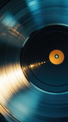 Close-up view of a gleaming gold vinyl record, showcasing the intricate grooves and reflective surface. A captivating image evoking nostalgia and the timeless appeal of analog music.