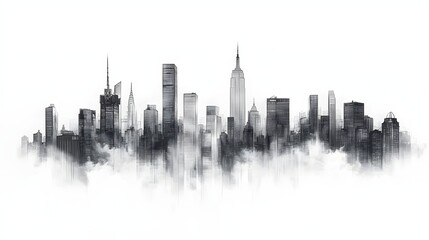 Naklejka premium Monochrome panorama showcases a city skyline silhouetted against a bright sky, blending architectural details.