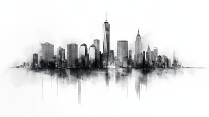 Monochrome skyline: A city reflected in water, creating a striking urban scene. 