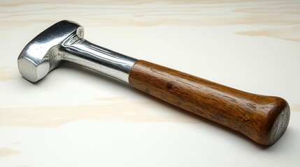 Close-up of a hammer with wooden handle on a neutral background. Generative AI