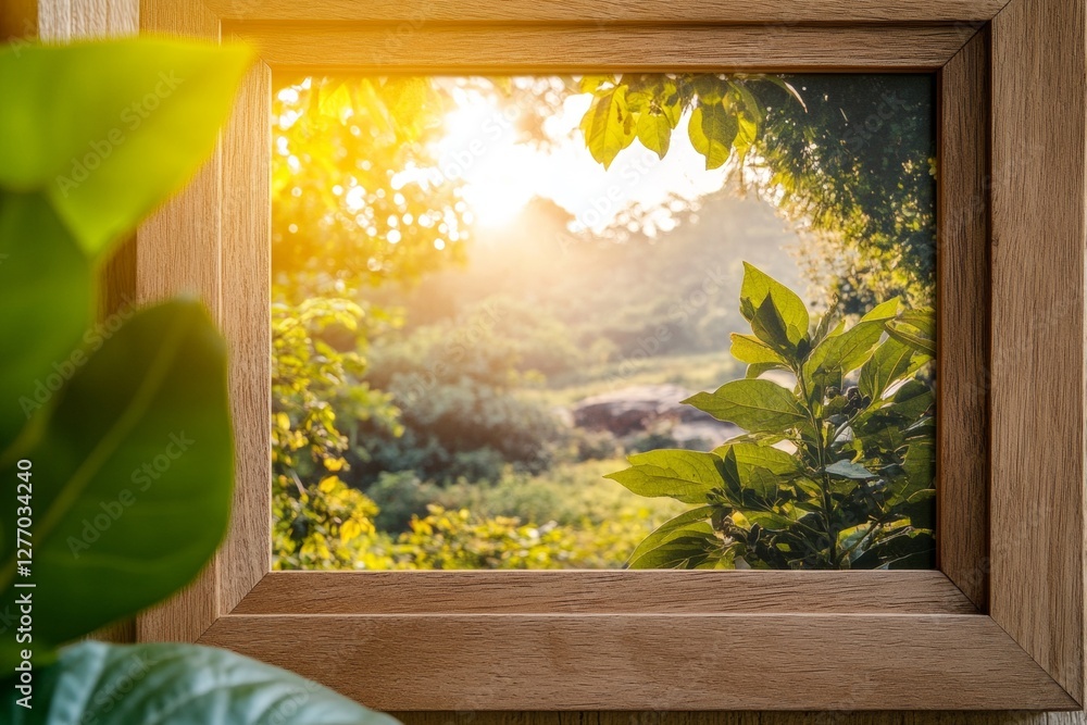 Poster sunlight streams through lush greenery in a close-up of a wooden frame displaying a serene landscape