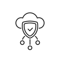 This icon visually represents data analysis in cloud computing, featuring a shield that symbolizes protection and security for data transactions, ensuring the safety and integrity of the data