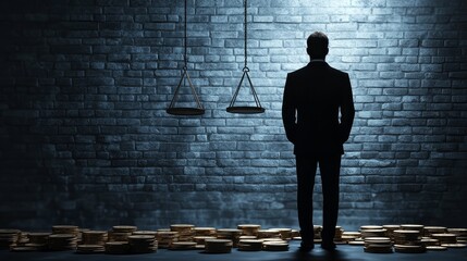 Justice and wealth a businessman's dilemma urban office conceptual image dimly lit environment thought-provoking viewpoint