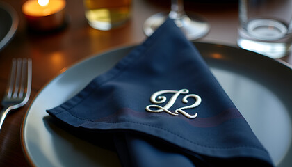 men's napkins, Monogrammed napkins, wedding black napkins, Men's napkins with elegant monogram on dark plate with candlelight setting for formal dining