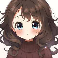Encantadora protagonista anime con cabello oscuro rizado y una mirada mágica