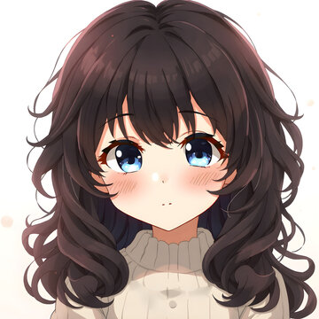 Dulce chica anime con bucles oscuros y una expresi&oacute;n tierna y curiosa