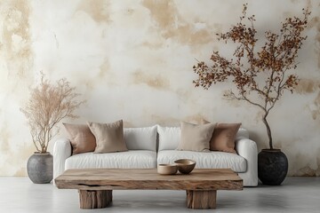 Minimalistisches Wohnzimmer im natürlichen Japandi-Stil

