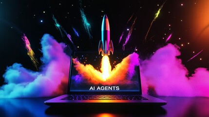 A rocket launch from a laptop computer with the words AI Agent symbolizing agentic assistant autonomy and the automation of work using AGI futuristic technology for future growth and success