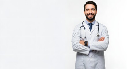 Fototapeta premium A happy handsome doctor in medical uniform, full body, isolated on a white background, with copy space