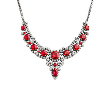 Silver necklace with red diamonds isolated on transparent background. Silver necklace with ruby, topaz, sapphir png. Jewelry and gemstones