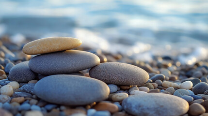 smooth colorful pebbles on a beach at sunset with soft golden light and blurred background 