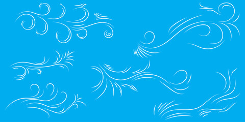 Doodle wind line sketch set. Hand drawn doodle wind air blow, swirl elements.
