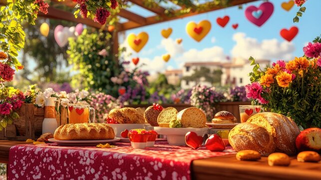 A lively Valentine family brunch setup on an open terrace