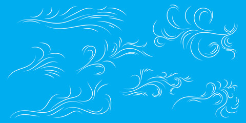 Doodle wind line sketch set. Hand drawn doodle wind air blow, swirl elements.
