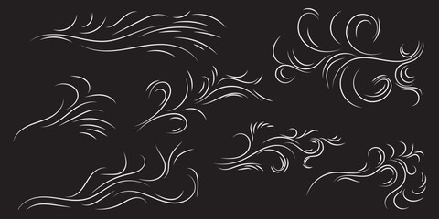 Doodle blowing wind. Hand drawn air wave icon. Outline wind movement symbol isolated on white background. Climate sketch element. Vector decorative dash lines in the shape of a curve.
