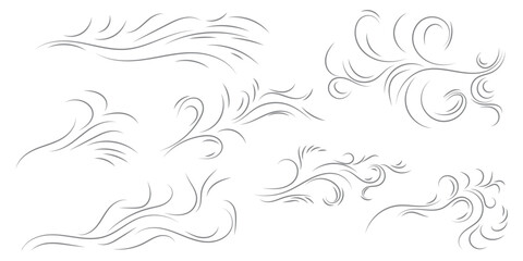 Doodle blowing wind. Hand drawn air wave icon. Outline wind movement symbol isolated on white background. Climate sketch element. Vector decorative dash lines in the shape of a curve.
