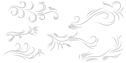 Doodle blowing wind. Hand drawn air wave icon. Outline wind movement symbol isolated on white background. Climate sketch element. Vector decorative dash lines in the shape of a curve.
