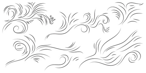 Doodle blowing wind. Hand drawn air wave icon. Outline wind movement symbol isolated on white background. Climate sketch element. Vector decorative dash lines in the shape of a curve.
