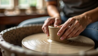 Close-up of a woman's hands shaping clay on a pottery wheel, creative craft in action