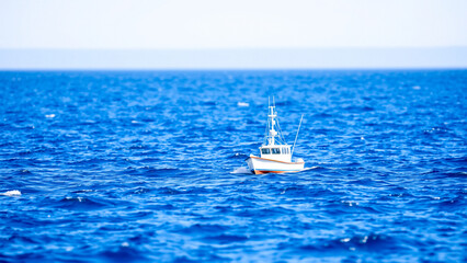 Fototapeta premium small model boat floats peacefully on a vast blue ocean