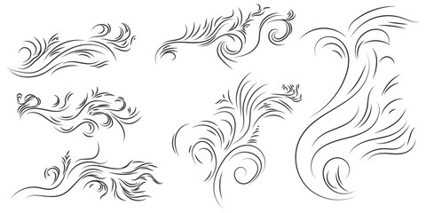 Doodle line wind moving set. Breath of the typhoon. Flat wind moves Vector isolated illustration

