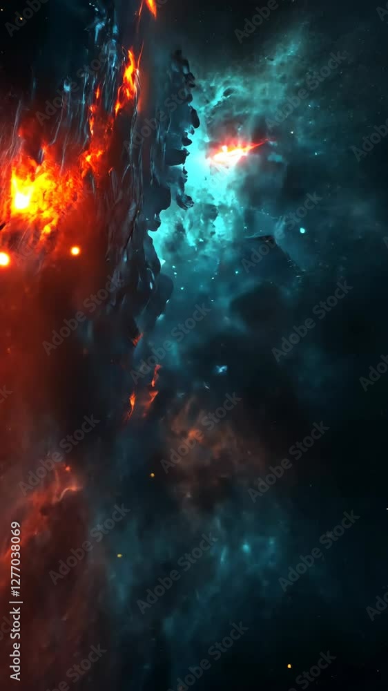 Poster explosive colors of a cosmic collision illuminating a dark interstellar landscape at the edge of a n