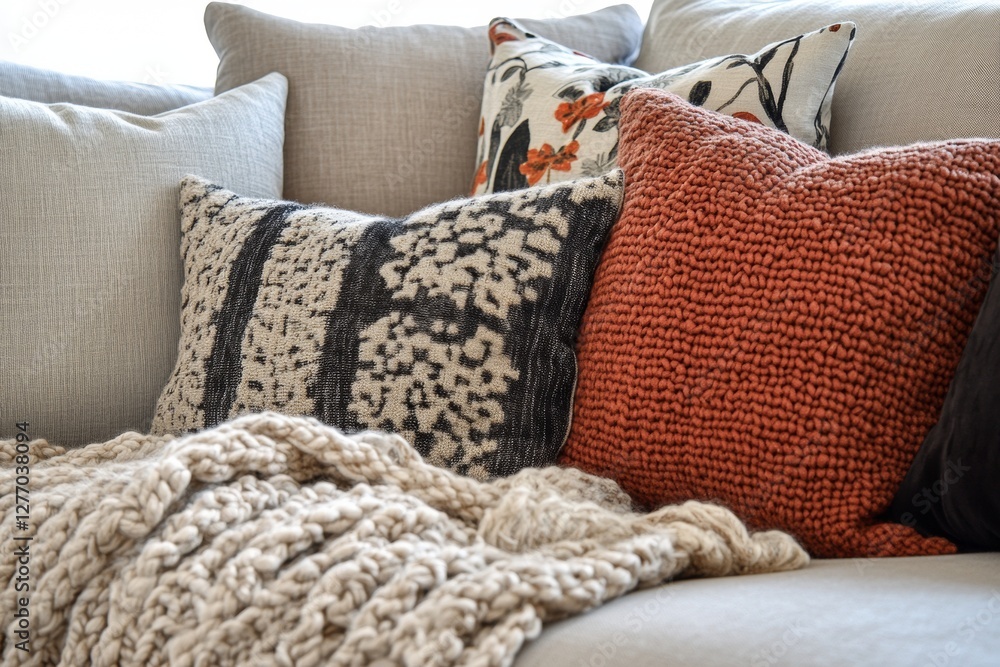 Poster various fabric cushions of different textures and patterns are layered on a neutral couch, with a so