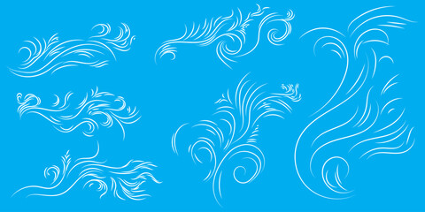 Wind air flow, flowing row elements, doodle wind line set, hand drawn doodle wind motion vector illustration