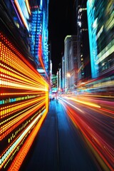 Dynamic nighttime cityscape urban streets long exposure photography vibrant lights eye-level view modern motion