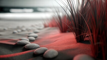 Minimalist Desert Landscape with Smooth Pebble Pathway and Red Sand, Abstract Nature Scene with Soft Light
