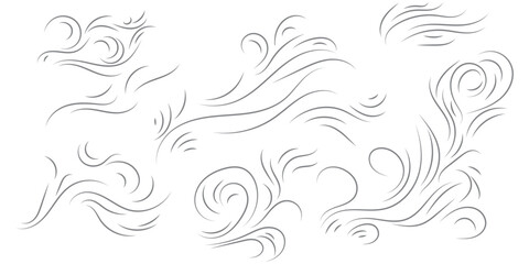 Wind air flow, flowing row elements, doodle wind line set, hand drawn doodle wind motion vector illustration