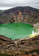 Fototapeta premium Breathtaking Aerial View of a Vibrant Green Crater Lake Nestled within a Volcanic Crater in Iceland