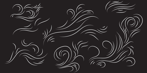 Wind air flow, flowing row elements, doodle wind line set, hand drawn doodle wind motion vector illustration